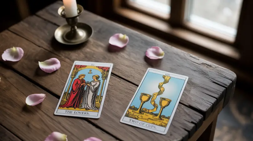 Close-up of tarot cards spread on a wooden table, focusing on “The Lovers” and “Two of Cups"