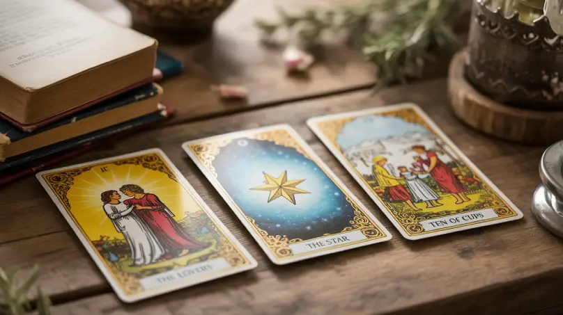 Three-card tarot spread focused on love and marriage prediction, featuring “The Lovers”, “The Star”, and “Ten of Cups”.